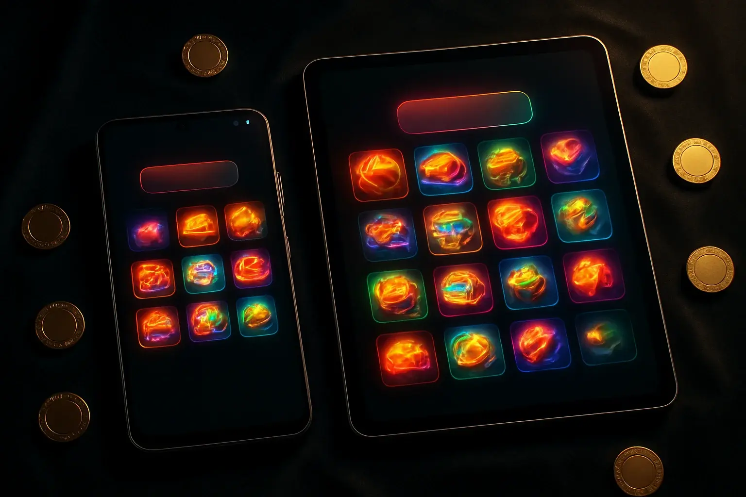 Flagship Android phone and tablet showing glowing casino app UI on velvet