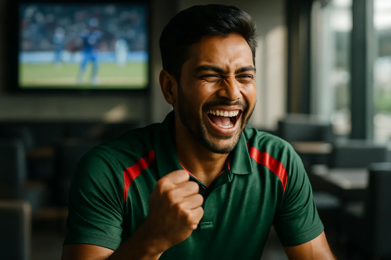 Bangladeshi male athlete celebrating bet win in modern sports lounge