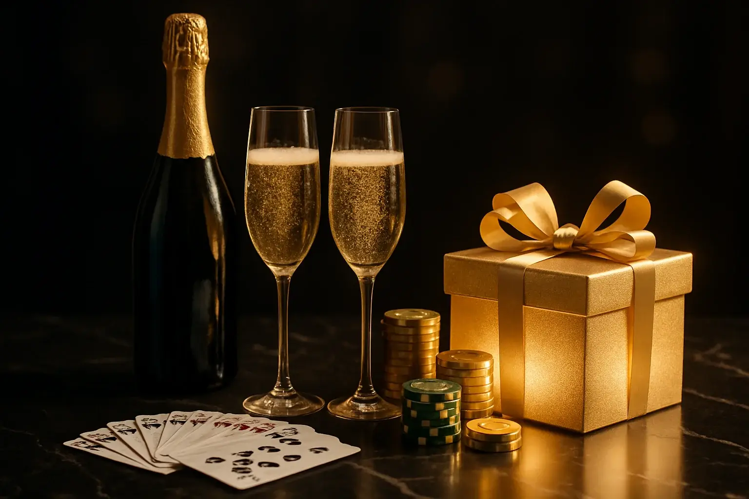 Champagne bottle, crystal flutes, casino chips, playing cards, and glowing gift box