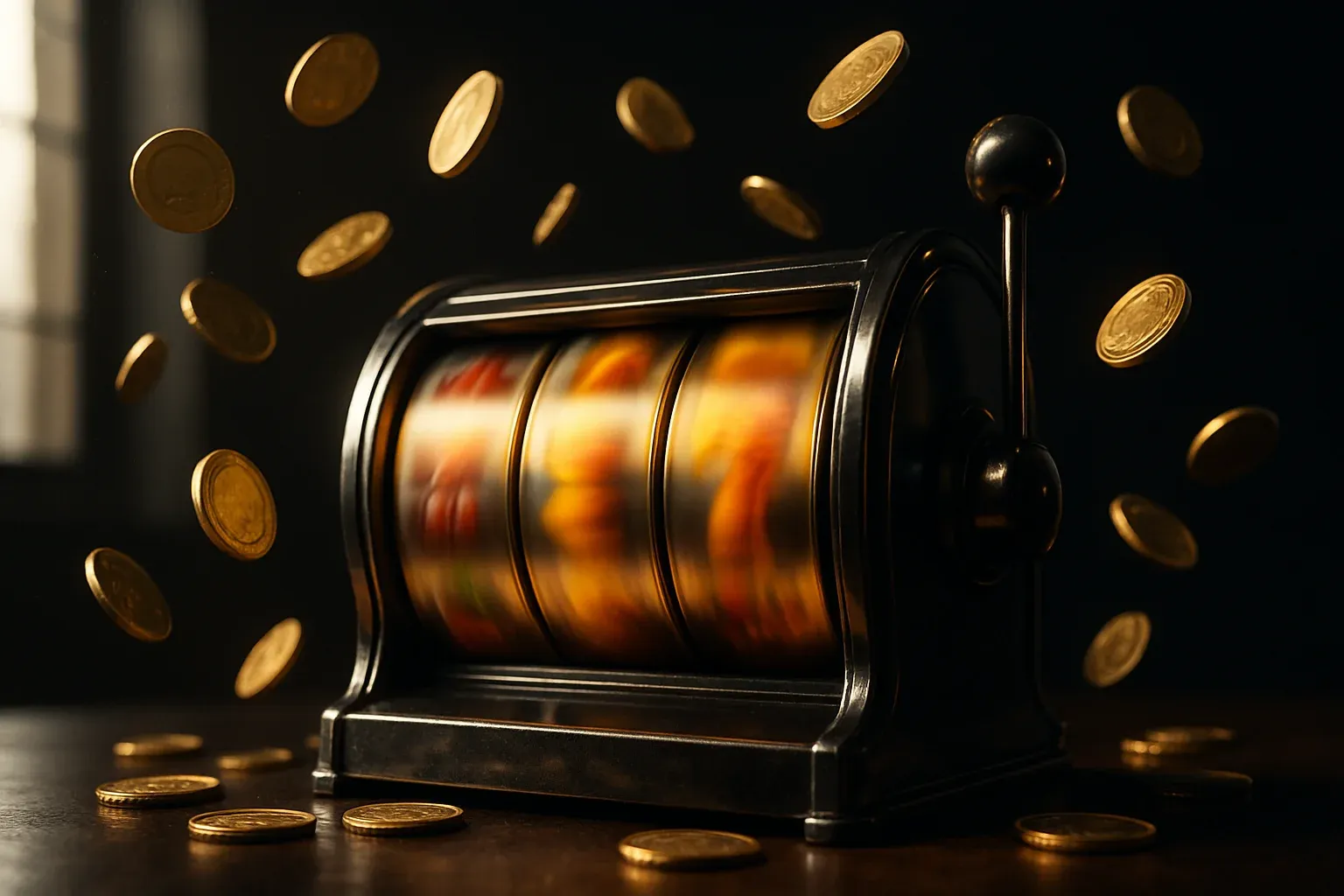 Hyperrealistic slot machine reels mid-spin with flying gold coins in dark studio lighting