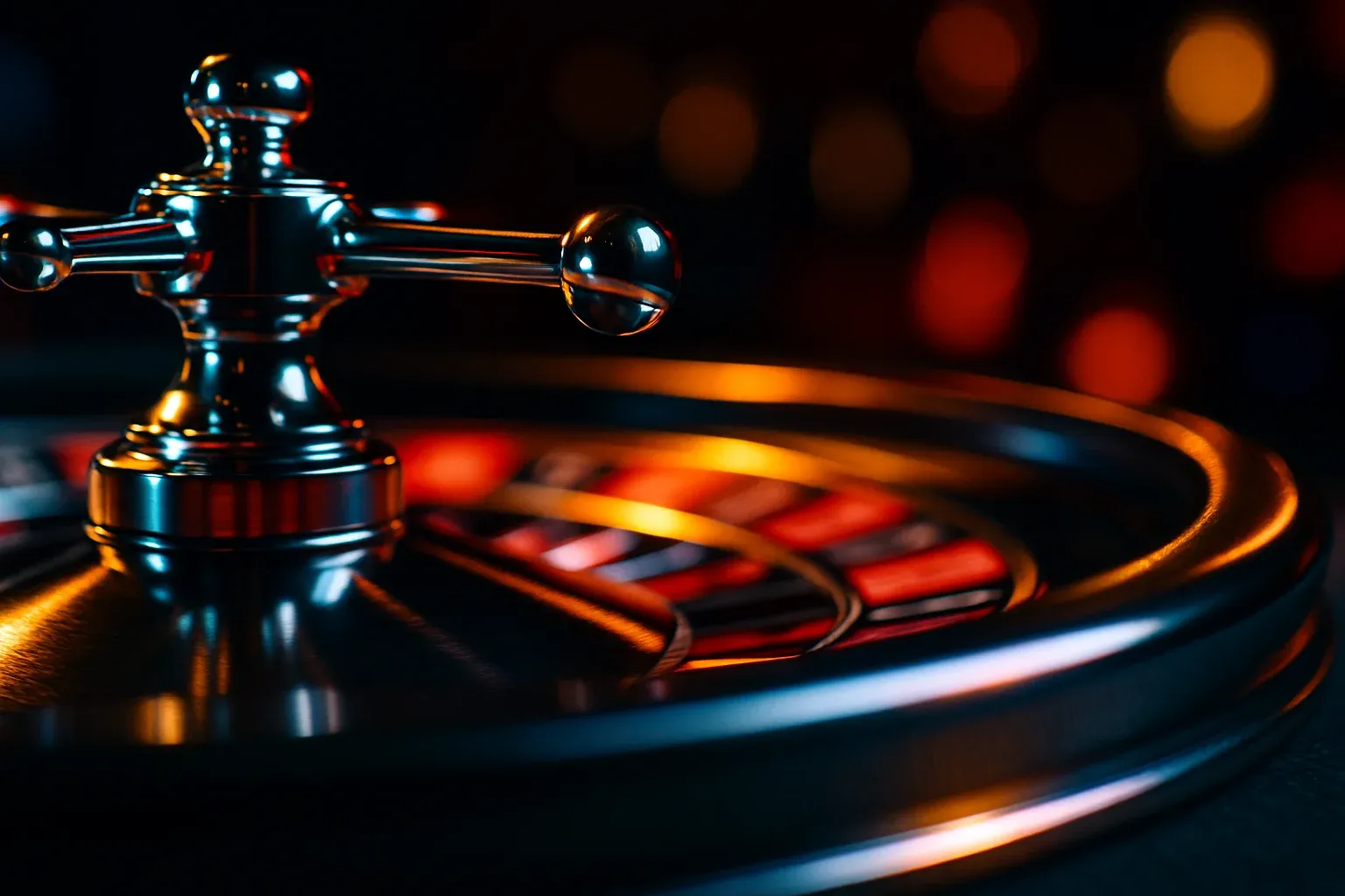 Hyperrealistic macro shot of live casino roulette wheel mid-spin with chrome ball