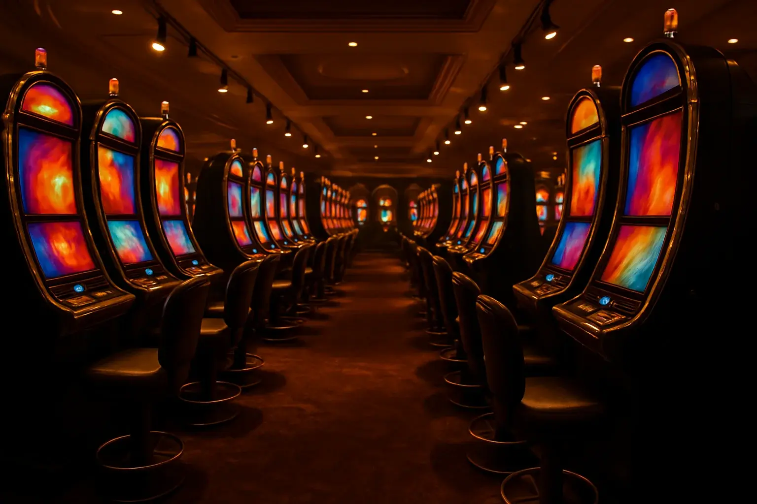 Wide cinematic view of opulent casino slot machines glowing under warm lighting